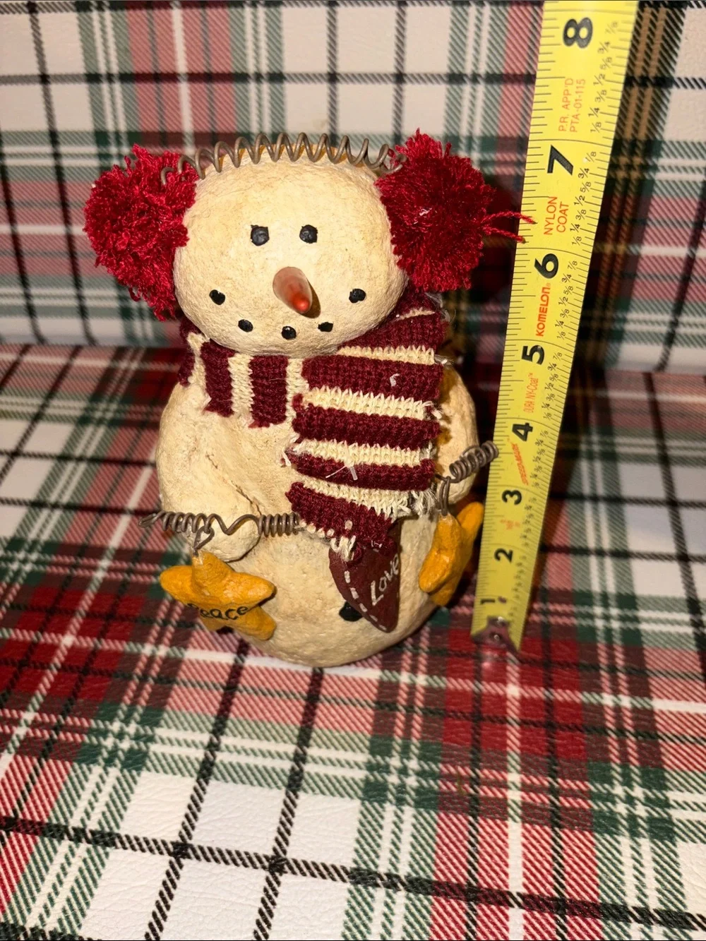 Handcrafted Primitive Holiday Snowman Figurine with Red Accents